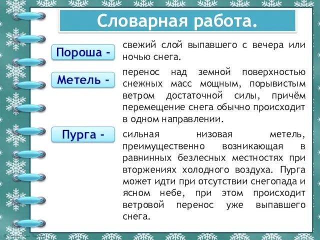 Словарная работа. Пороша - свежий слой выпавшего с вечера или ночью