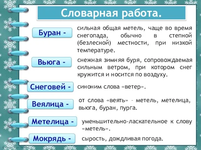 Словарная работа. Буран - сильная общая метель, чаще во время снегопада,