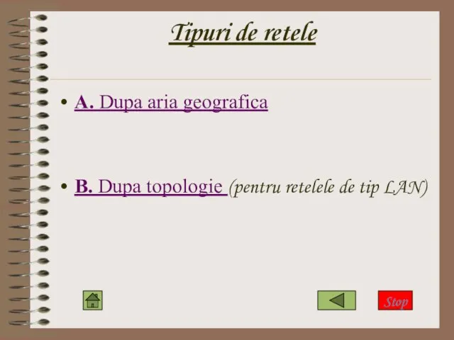 Tipuri de retele A. Dupa aria geografica B. Dupa topologie (pentru retelele de tip LAN) Stop