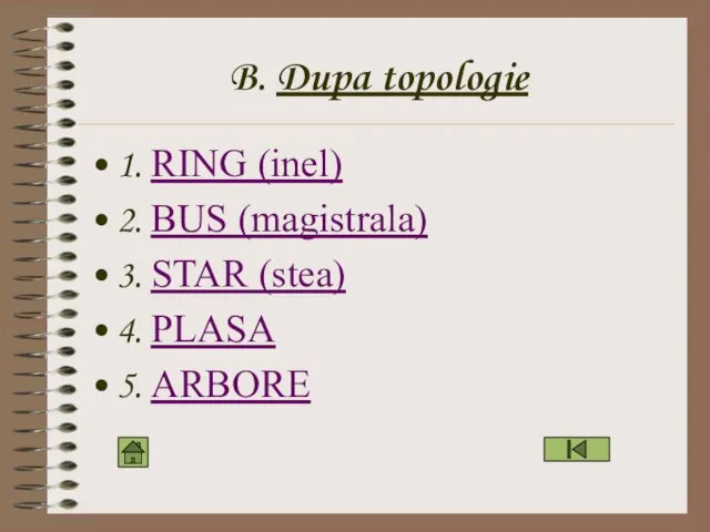 B. Dupa topologie 1. RING (inel) 2. BUS (magistrala) 3. STAR (stea) 4. PLASA 5. ARBORE