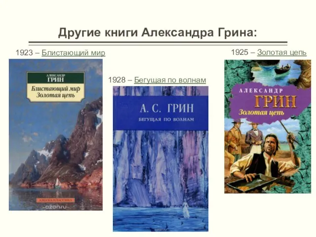 Другие книги Александра Грина: 1923 – Блистающий мир 1925 – Золотая