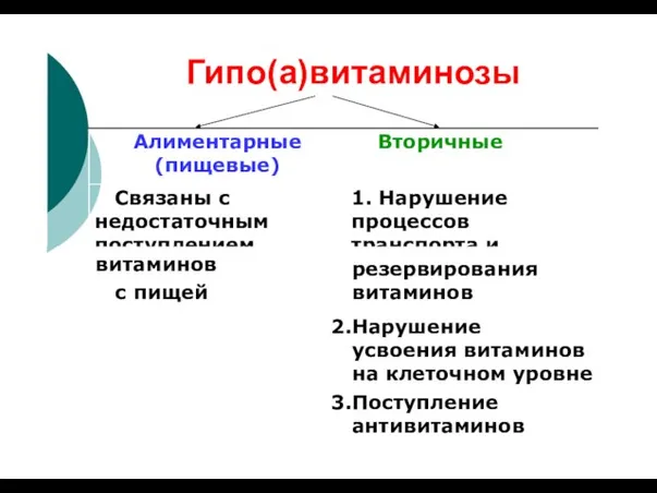 Гипо(а)витаминозы витаминов с пищей резервирования витаминов Нарушение усвоения витаминов на клеточном уровне Поступление антивитаминов