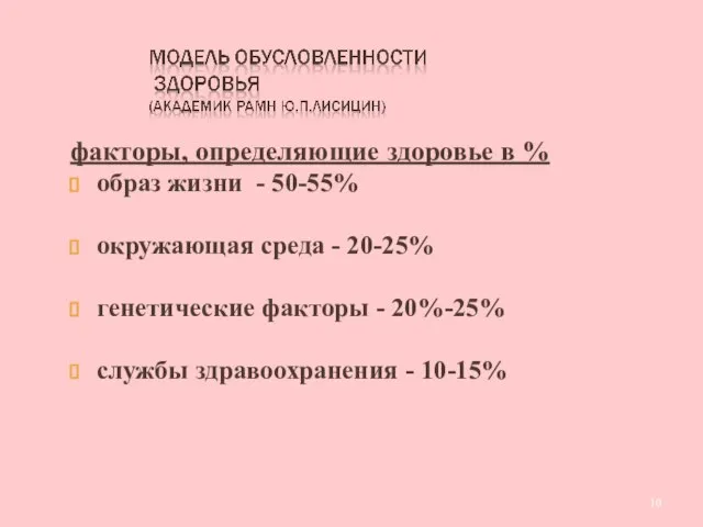 факторы, определяющие здоровье в %‏ образ жизни - 50-55% окружающая среда