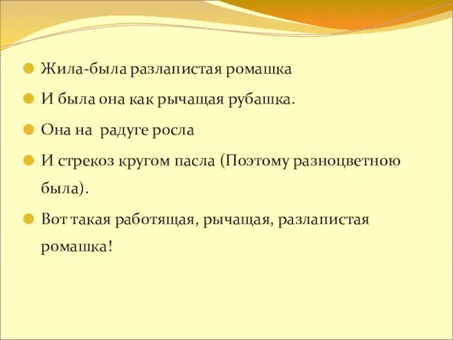 Жила-была разлапистая ромашка И была она как рычащая рубашка. Она на