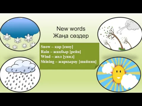 New words Жаңа сөздер Snow – қар [сноу] Rain – жаңбыр