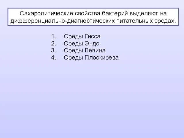 Среды Гисса Среды Эндо Среды Левина Среды Плоскирева Сахаролитические свойства бактерий выделяют на дифференциально-диагностических питательных средах.