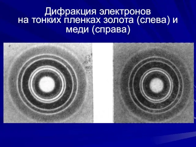 Дифракция электронов на тонких пленках золота (слева) и меди (справа)