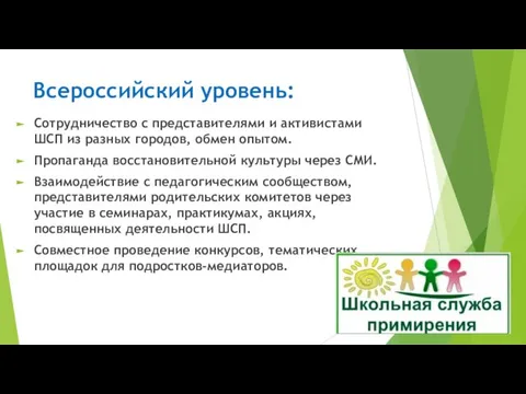 Всероссийский уровень: Сотрудничество с представителями и активистами ШСП из разных городов,