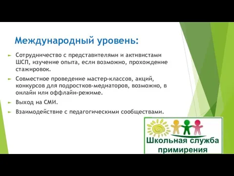 Международный уровень: Сотрудничество с представителями и активистами ШСП, изучение опыта, если