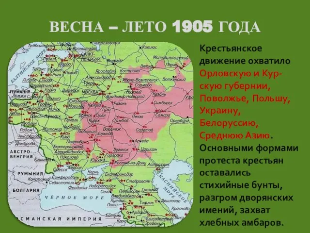 ВЕСНА – ЛЕТО 1905 ГОДА Крестьянское движение охватило Орловскую и Кур-