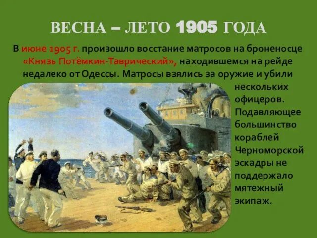 ВЕСНА – ЛЕТО 1905 ГОДА В июне 1905 г. произошло восстание