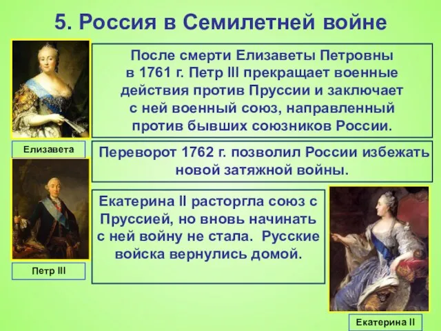 5. Россия в Семилетней войне После смерти Елизаветы Петровны в 1761