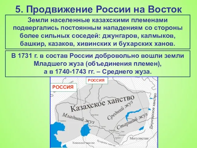 5. Продвижение России на Восток Земли населенные казахскими племенами подвергались постоянным