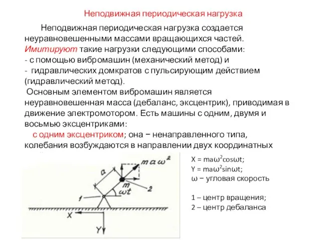 Неподвижная периодическая нагрузка создается неуравновешенными массами вращающихся частей. Имитируют такие нагрузки