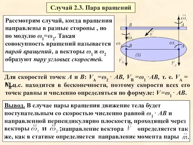 Вывод. В случае пары вращения движение тела будет поступательным со скоростью