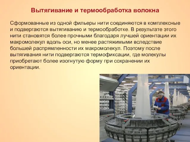 Вытягивание и термообработка волокна Сформованные из одной фильеры нити соединяются в