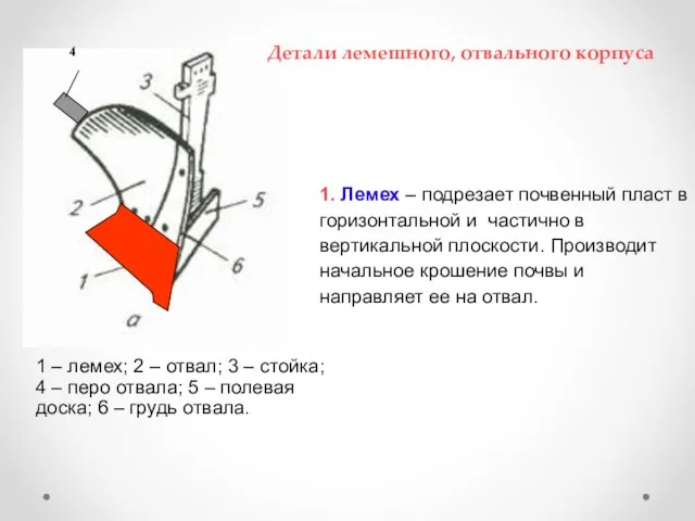 1. Лемех – подрезает почвенный пласт в горизонтальной и частично в