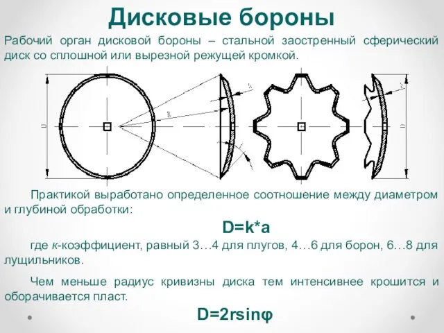 Дисковые бороны Рабочий орган дисковой бороны – стальной заостренный сферический диск