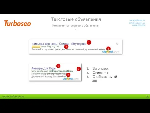 Текстовые объявления Компоненты текстового объявления www.turboseo.ua info@turboseo.ua 0 800 509-600 Заголовок