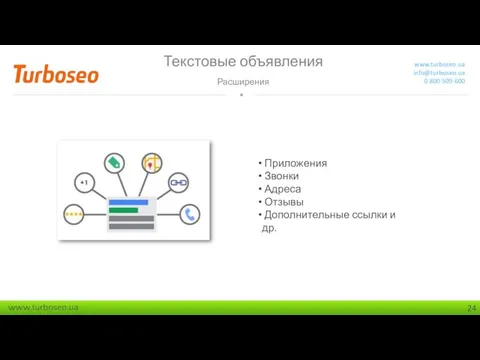 Текстовые объявления Расширения www.turboseo.ua info@turboseo.ua 0 800 509-600 Приложения Звонки Адреса