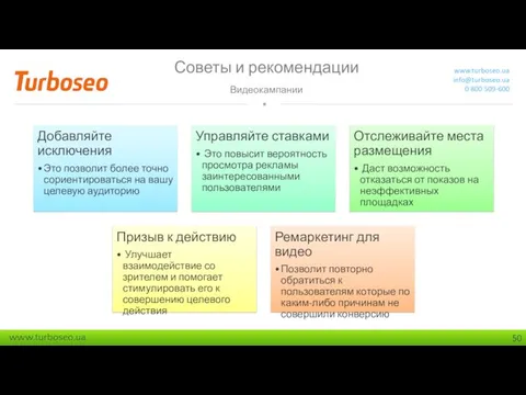 Советы и рекомендации Видеокампании www.turboseo.ua info@turboseo.ua 0 800 509-600 Видеокампании