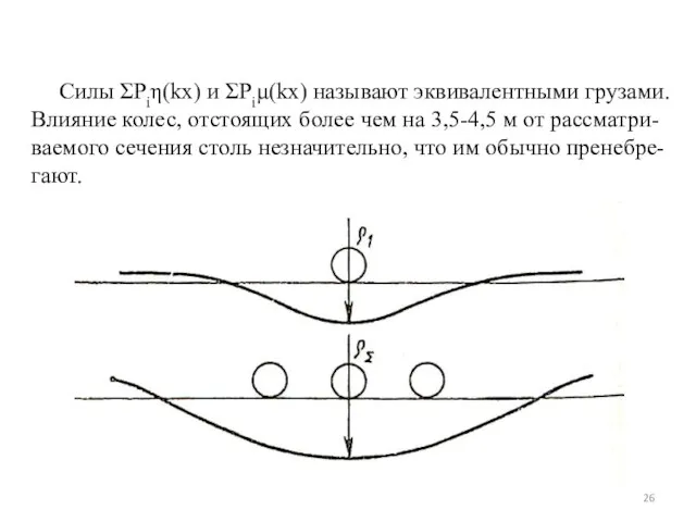 Силы ƩPiη(kx) и ƩPiμ(kx) называют эквивалентными грузами. Влияние колес, отстоящих более