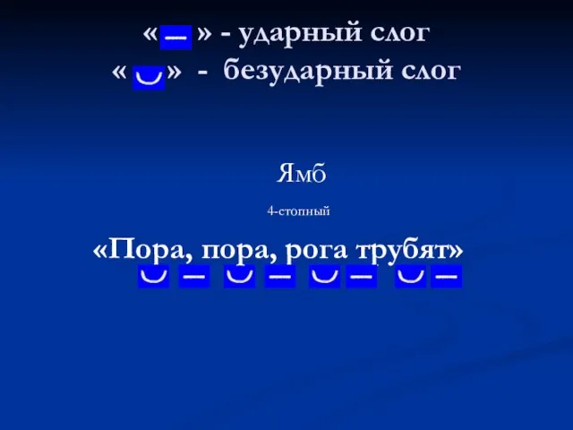 « » - ударный слог « » - безударный слог «Пора, пора, рога трубят» Ямб 4-стопный