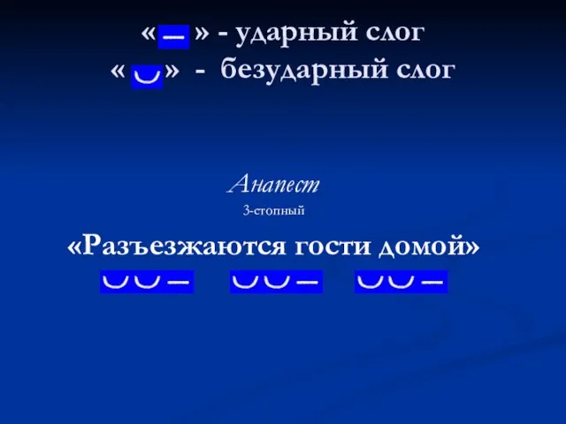 « » - ударный слог « » - безударный слог Анапест 3-стопный «Разъезжаются гости домой»