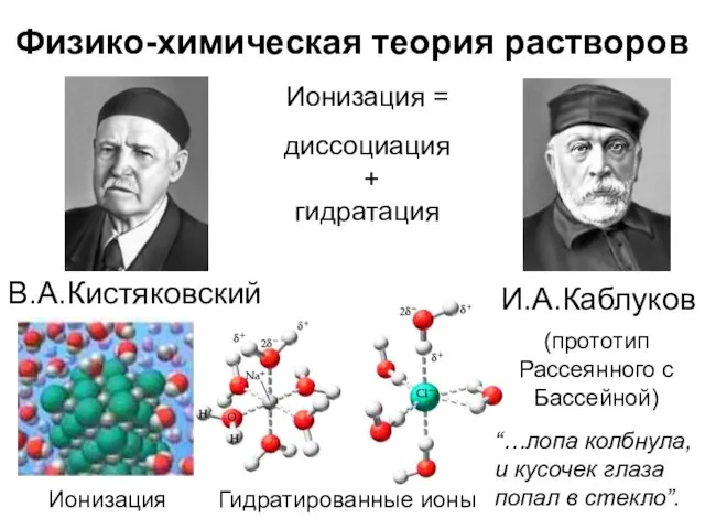 Физико-химическая теория растворов И.А.Каблуков Ионизация = диссоциация + гидратация Гидратированные ионы