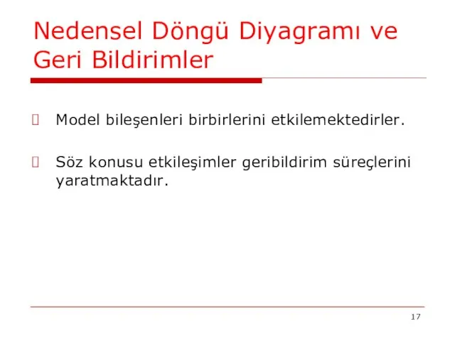 Nedensel Döngü Diyagramı ve Geri Bildirimler Model bileşenleri birbirlerini etkilemektedirler. Söz konusu etkileşimler geribildirim süreçlerini yaratmaktadır.