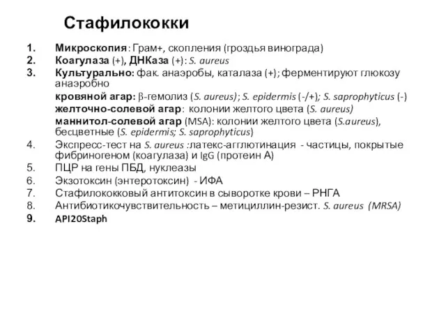 Стафилококки Микроскопия: Грам+, скопления (гроздья винограда) Коагулаза (+), ДНКаза (+): S.