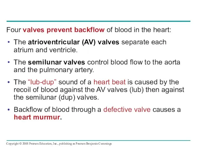 Four valves prevent backflow of blood in the heart: The atrioventricular