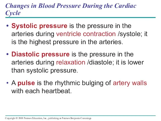 Changes in Blood Pressure During the Cardiac Cycle Systolic pressure is