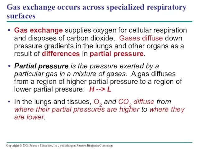 Gas exchange occurs across specialized respiratory surfaces Gas exchange supplies oxygen