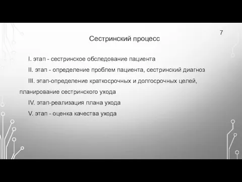 Сестринский процесс 7 I. этап - сестринское обследование пациента II. этап