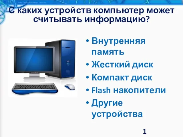 Внутренняя память Жесткий диск Компакт диск Flash накопители Другие устройства С