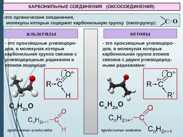 КАРБОНИЛЬНЫЕ СОЕДИНЕНИЯ (ОКСОСОЕДИНЕНИЯ) альдегиды кетоны - это производные углеводоро-дов, в молекулах