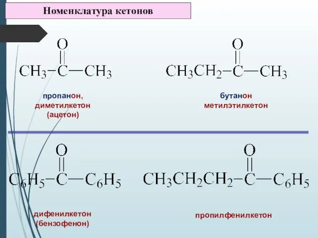 Номенклатура кетонов бутанон метилэтилкетон пропанон, диметилкетон (ацетон) дифенилкетон (бензофенон) пропилфенилкетон
