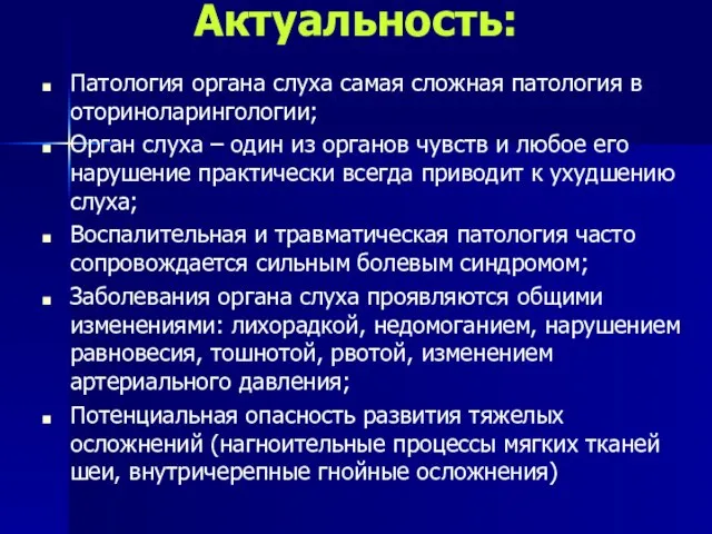 Актуальность: Патология органа слуха самая сложная патология в оториноларингологии; Орган слуха