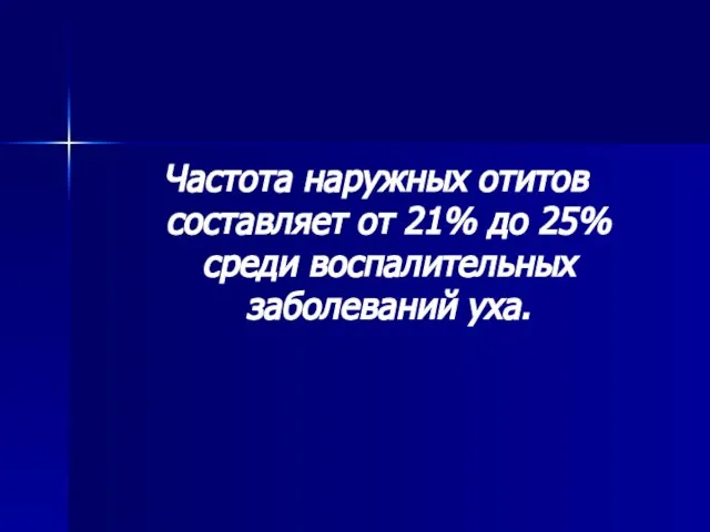 Частота наружных отитов составляет от 21% до 25% среди воспалительных заболеваний уха.