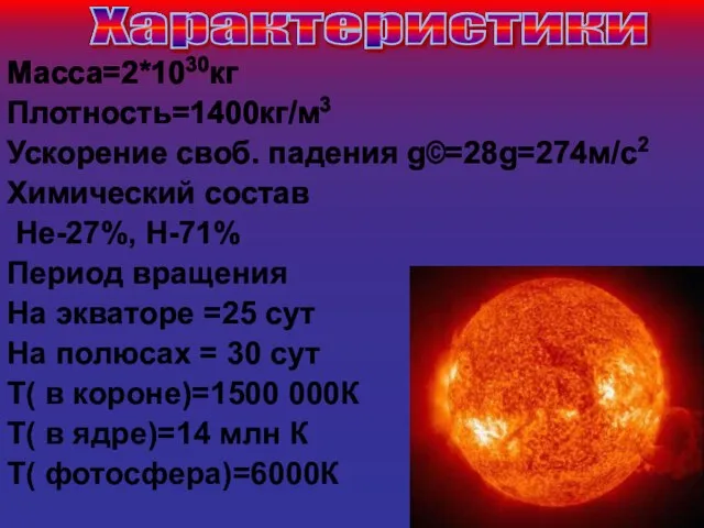 Масса=2*1030кг Плотность=1400кг/м3 Ускорение своб. падения g©=28g=274м/с2 Химический состав Не-27%, Н-71% Период