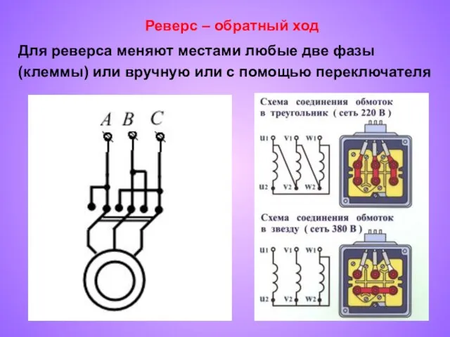 Реверс – обратный ход Для реверса меняют местами любые две фазы