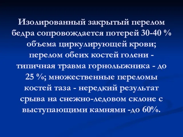 Изолированный закрытый перелом бедра сопровождается потерей 30-40 % объема циркулирующей крови;