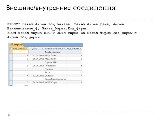 Внешние/внутренние соединения SELECT Заказ_Фирма.Код_заказа, Заказ_Фирма.Дата, Фирма.Наименование_ф, Заказ_Фирма.Код_фирмы FROM Заказ_Фирма RIGHT JOIN Фирма ON Заказ_Фирма.Код_фирмы = Фирма.Код_фирмы