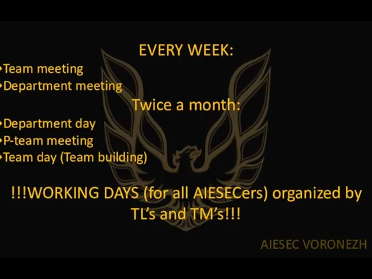 AIESEC VORONEZH EVERY WEEK: Team meeting Department meeting Twice a month: