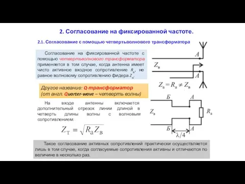 Согласование на фиксированной частоте с помощью четвертьволнового трансформатора применяется в том