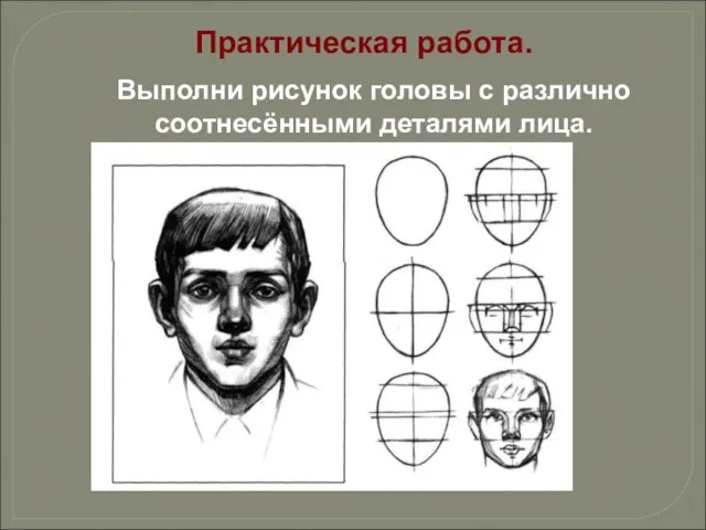 Практическая работа. Выполни рисунок головы с различно соотнесёнными деталями лица.
