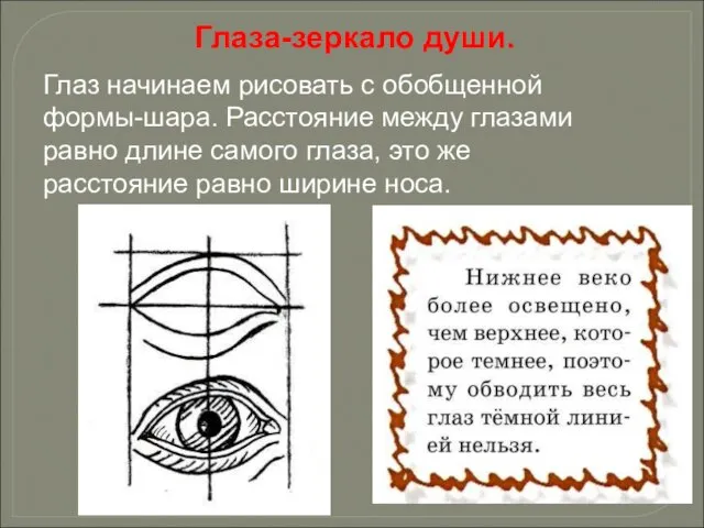 Глаз начинаем рисовать с обобщенной формы-шара. Расстояние между глазами равно длине