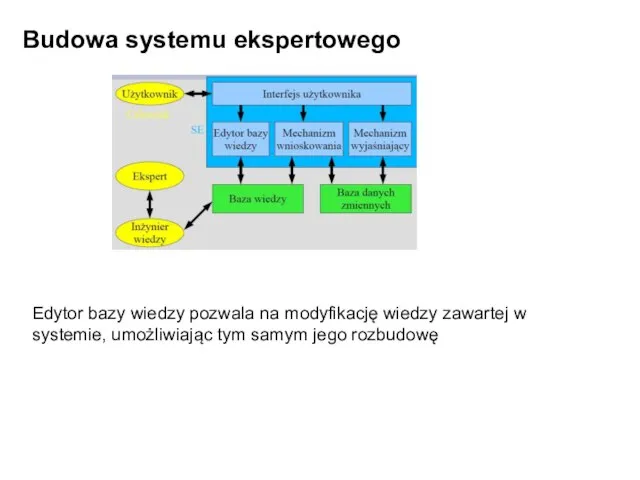 Budowa systemu ekspertowego Edytor bazy wiedzy pozwala na modyfikację wiedzy zawartej