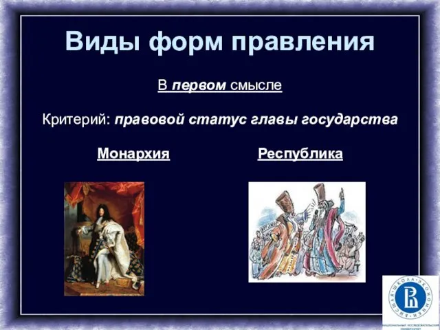 Виды форм правления В первом смысле Критерий: правовой статус главы государства Монархия Республика